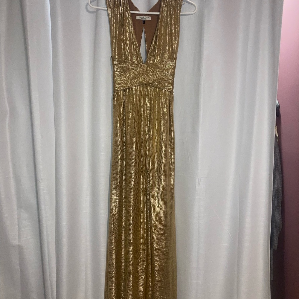 Halston Heritage Gold Metallic Plunging V-Neck Maxi Dress
